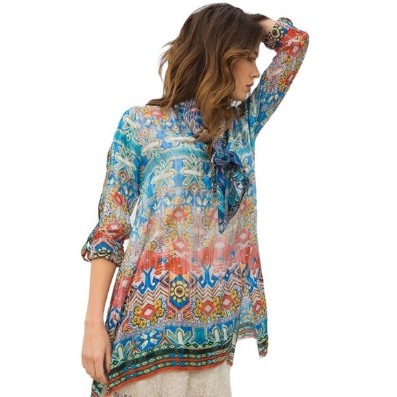 Johnny Was Dipped Hem Silk Tunic Top Womens Size M Boho Hippie Art to Wear Shirt - Picture 1 of 11